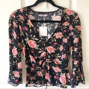 Zara Woman Black Floral V-Neck Top With Center Tie